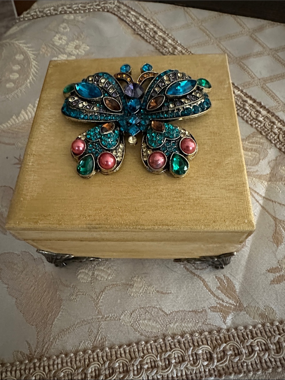 Hand crafted gold wood trinket box jeweled butterfly lid and antique style feet